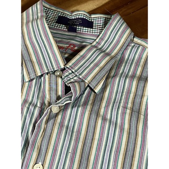 Alan Flusser Mens XL Shirt Striped with plaid Flip Cuff Button Up Long Sleeve - Picture 3 of 5